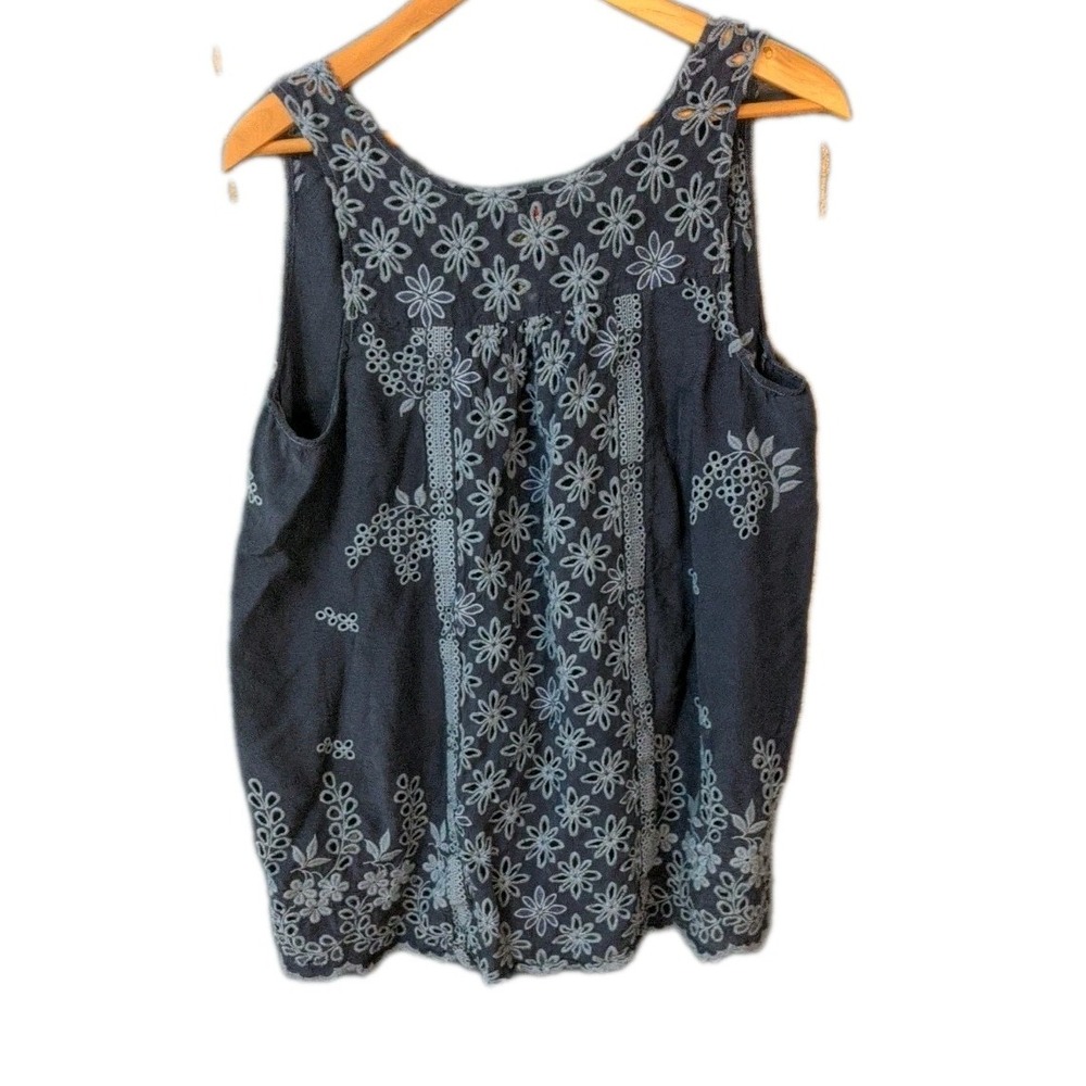 Johnny Was Navy Blue Floral Embroidered Tank Top - Picture 3 of 13